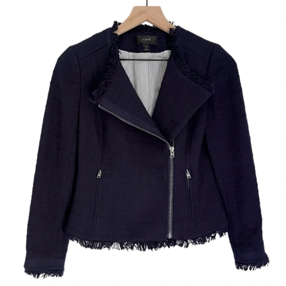 J. Crew Women’s Tweed Motorcycle Jacket with Fringe Navy‎ Blue Size 0